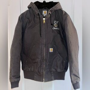 Carhartt hooded Work Coat RN 14806 S Small Gray lined Jacket with business logo